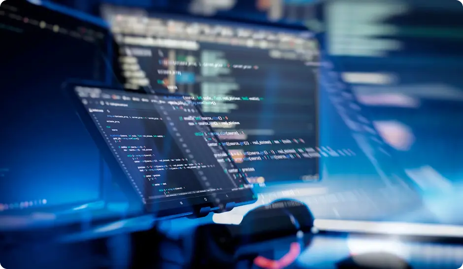 Coding screens with programming languages displayed, illustrating a tech-focused environment in the About Us section.